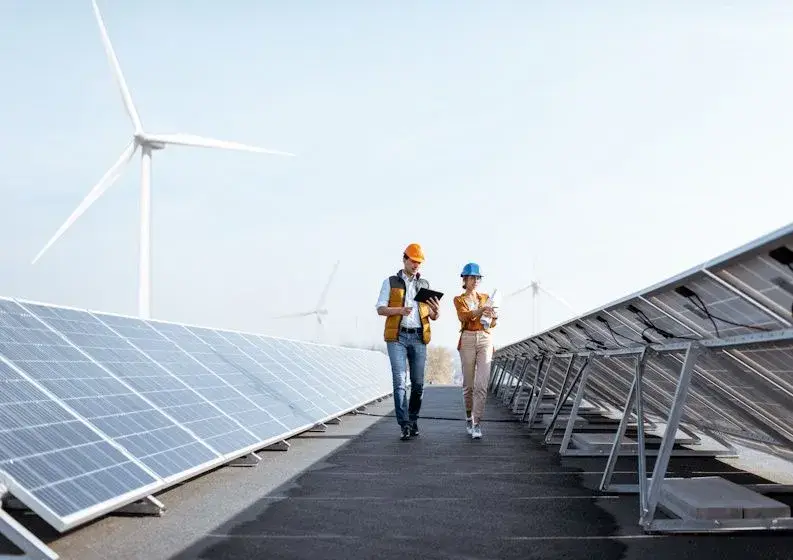 engineers in energy industry walking by solar panels